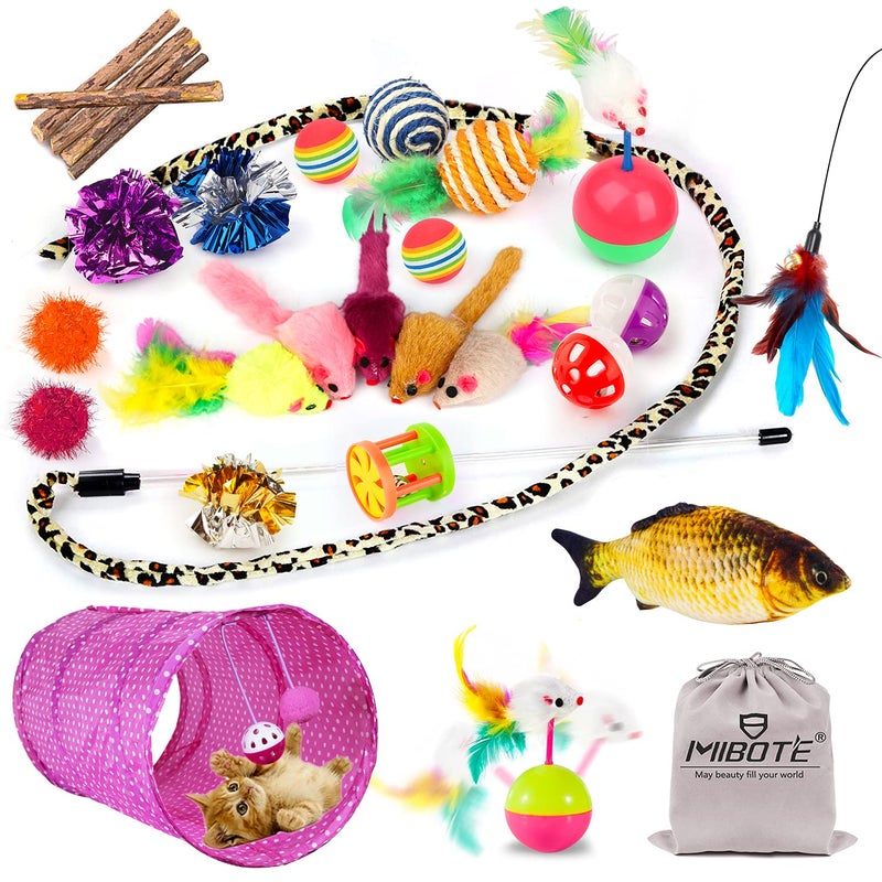 MIBOTE 28Pcs Cat Toys Kitten Toys Assorted, Cat Tunnel Catnip Fish Feather Teaser Wand Fish Fluffy Mouse Mice Balls and Bells Toys for Indoor Cat Puppy Kitty Interactive Cat Toy Set - Image 1